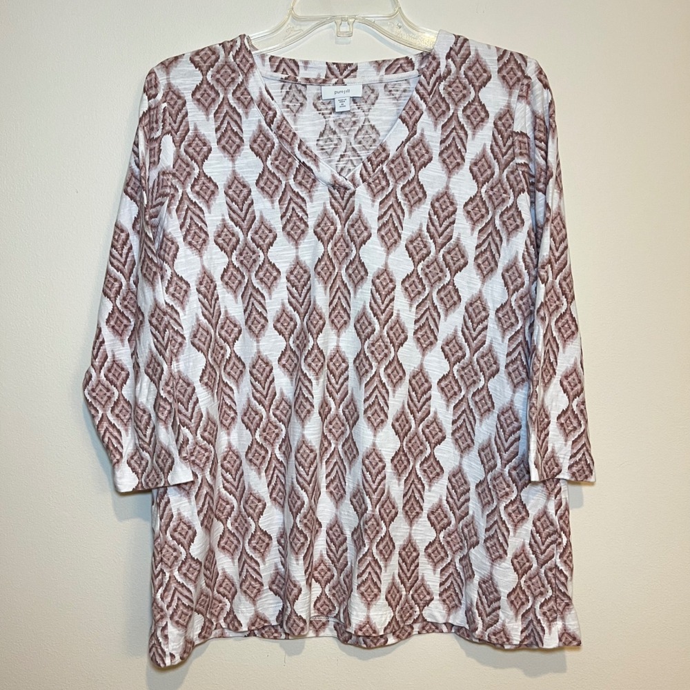 J. Jill PureJill Top White Mauve Graphic Print V Neck 3/4 Sleeve‎ Medium Petite